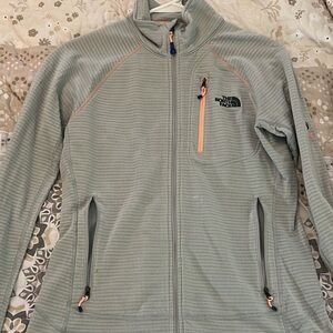 The North Face Light Gray Striped Jacket with Peach Accents